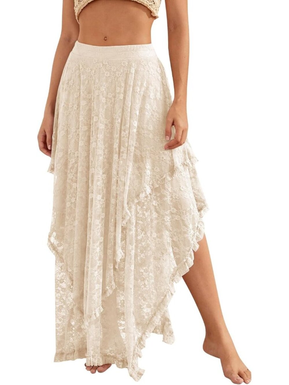 Women's Beige Floral Lace  Asymmetrical Layered Flowy Boho Beach Maxi Skirt